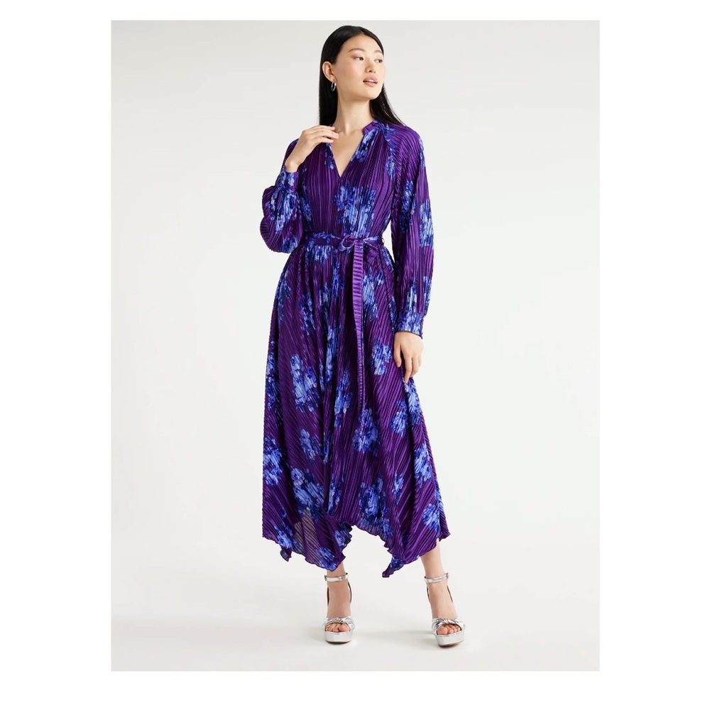 Scoop Women’s Long Sleeve Plisse Midi Dress Handkerchief Hem Size Medium